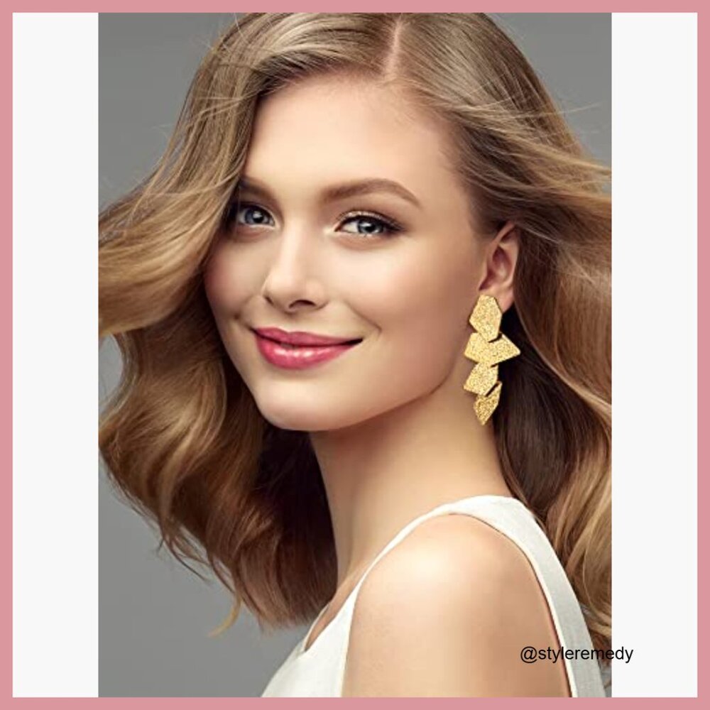 6 Pair Gold Statement Earrings Large Geometric Dr… - image 6